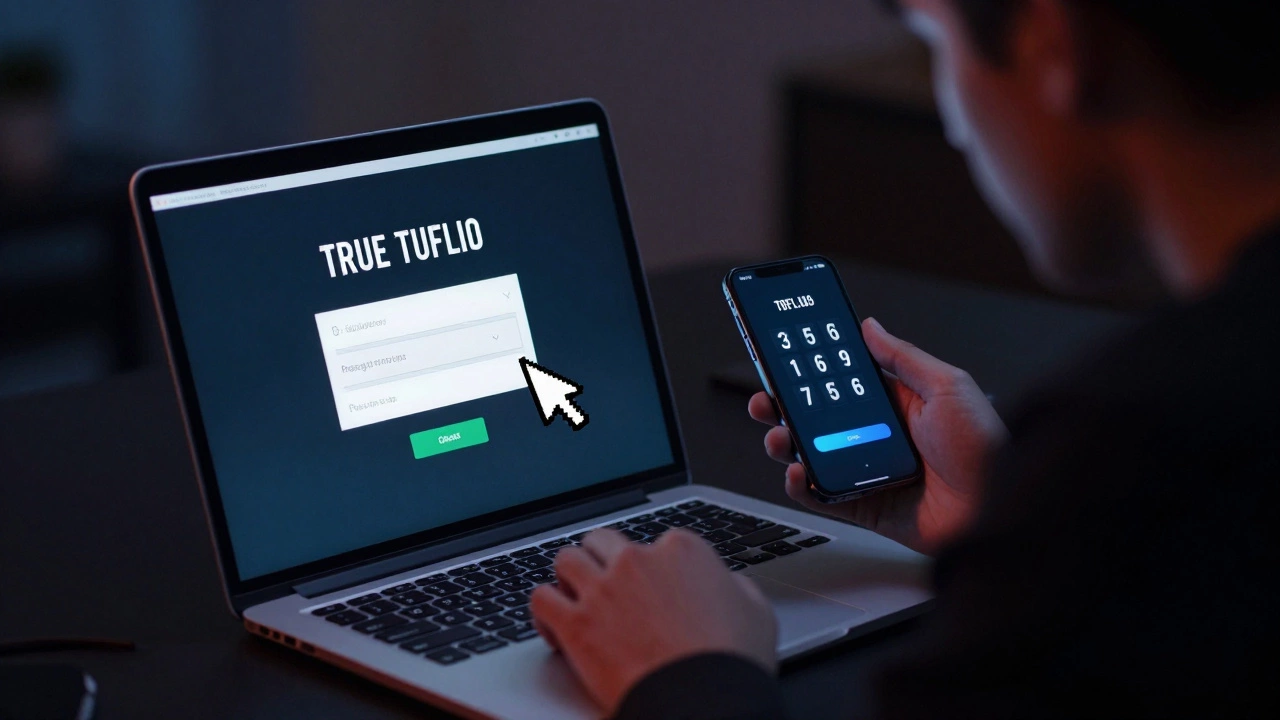 A person watching a hacker&#039;s cursor on a login screen while an authenticator app displays a changing code.