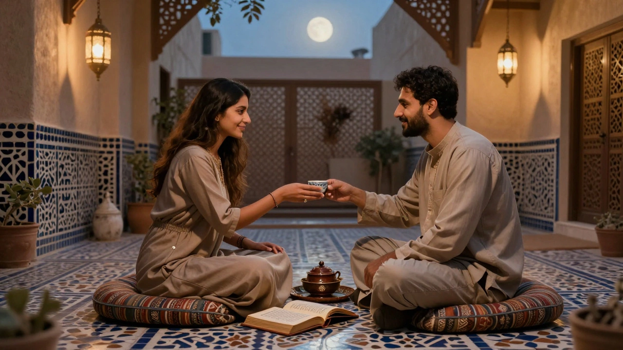 A private tea ceremony in a Dubai courtyard, with Rumi&#039;s poetry open beside two quiet figures.