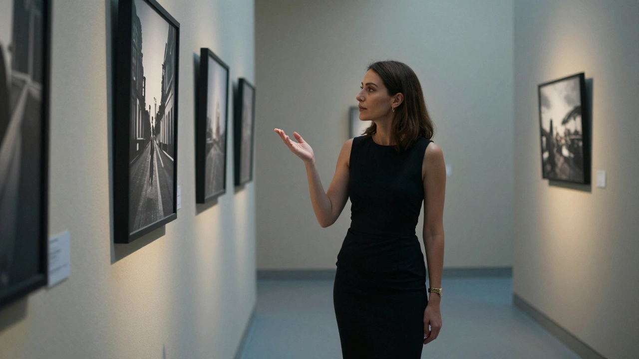 A woman engaging with contemporary art in Alserkal Avenue, surrounded by thoughtful installations.